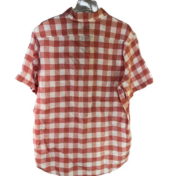 L.L. Bean Linen Shirt Men's Large Regular Button Front Short Sleeve Coral Plaid - Picture 3 of 3
